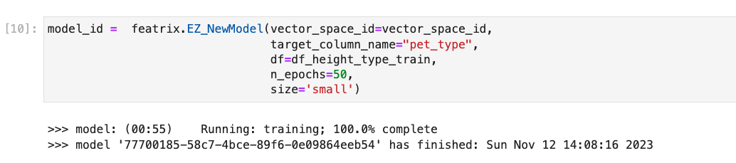 Featrix code that trains the model on pet type and height.